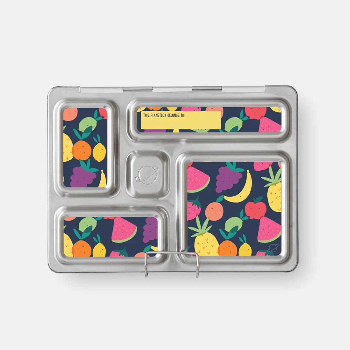 A colorful, stylish stainless steel lunch box with multiple compartments, perfect for packaging a balanced meal.