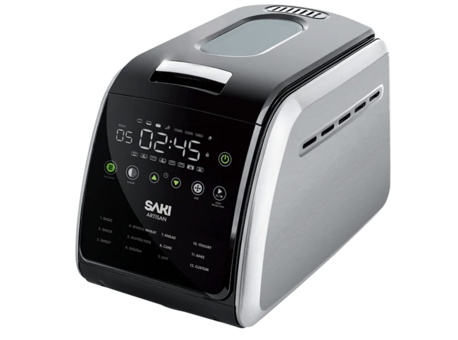 Saki non-toxic bread machine with digital display and ceramic-coated baking pan.