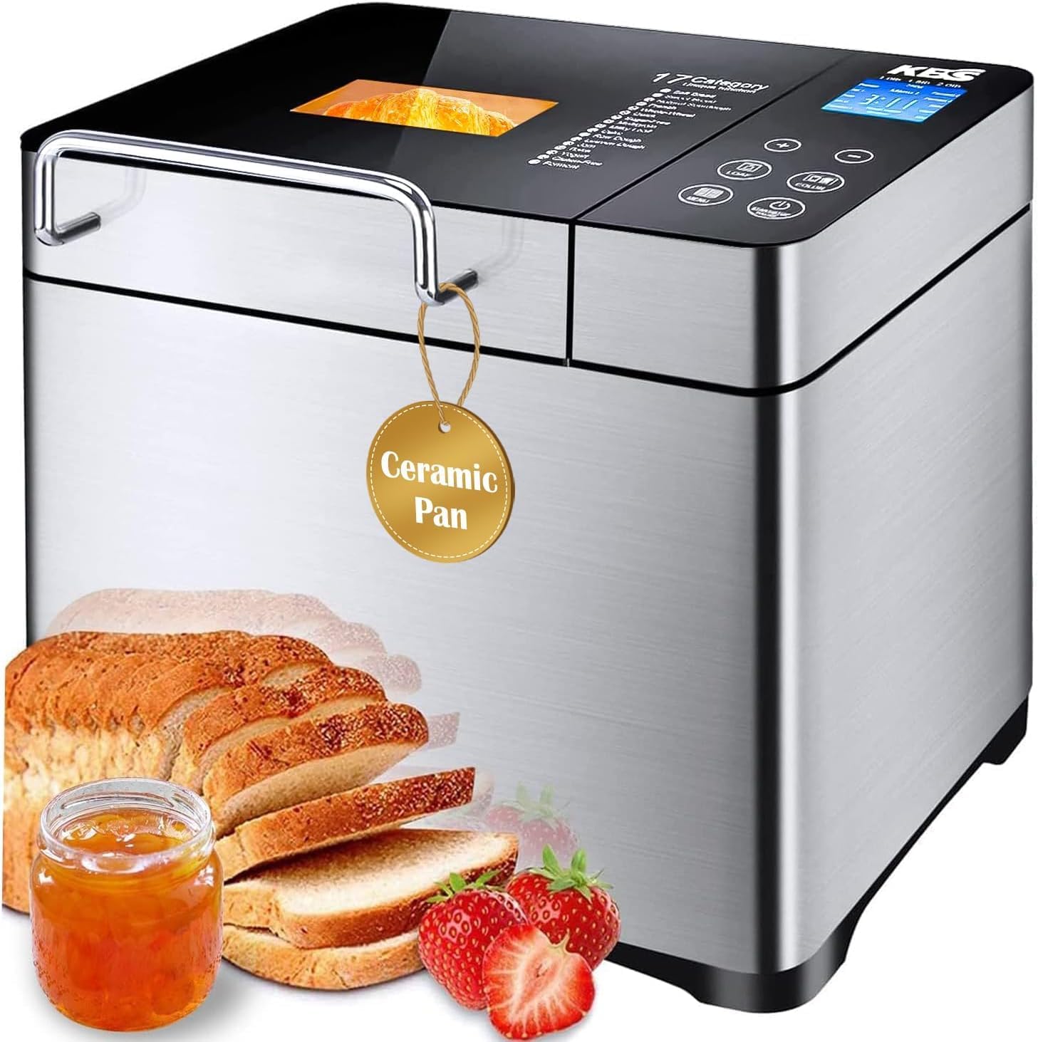 Non-toxic KBS bread machine with ceramic pan and freshly baked bread slices.