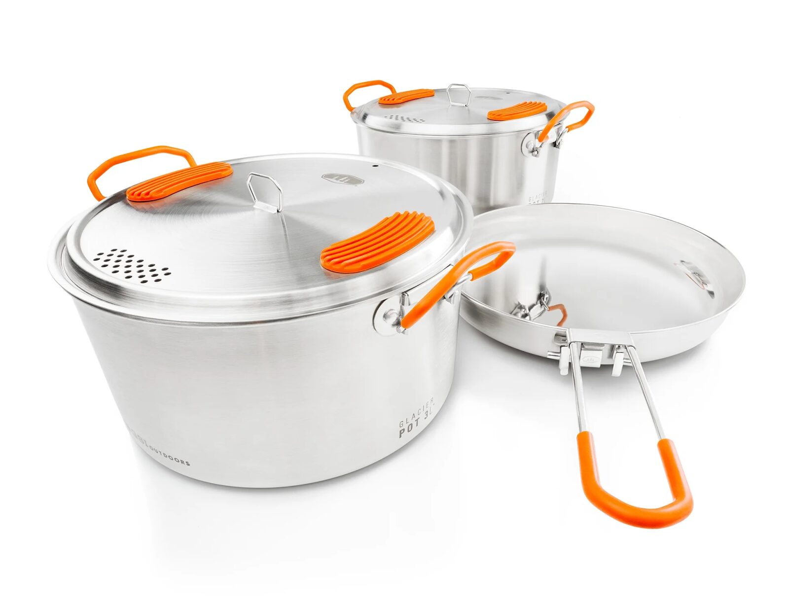ALT Text: GSI Outdoors stainless steel camping cookware set with pots and frypan featuring orange heat-resistant handles.