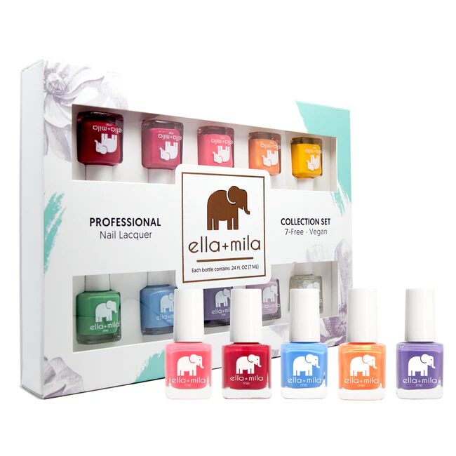 Ella+Mila best non-toxic nail polish set featuring colorful, 7-free, vegan, safe manicure options.