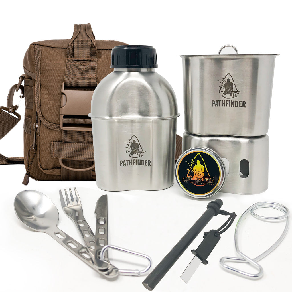 ALT Text: Stainless steel camping cookware kit with utensils, canteen, and fire starter for outdoor cooking.