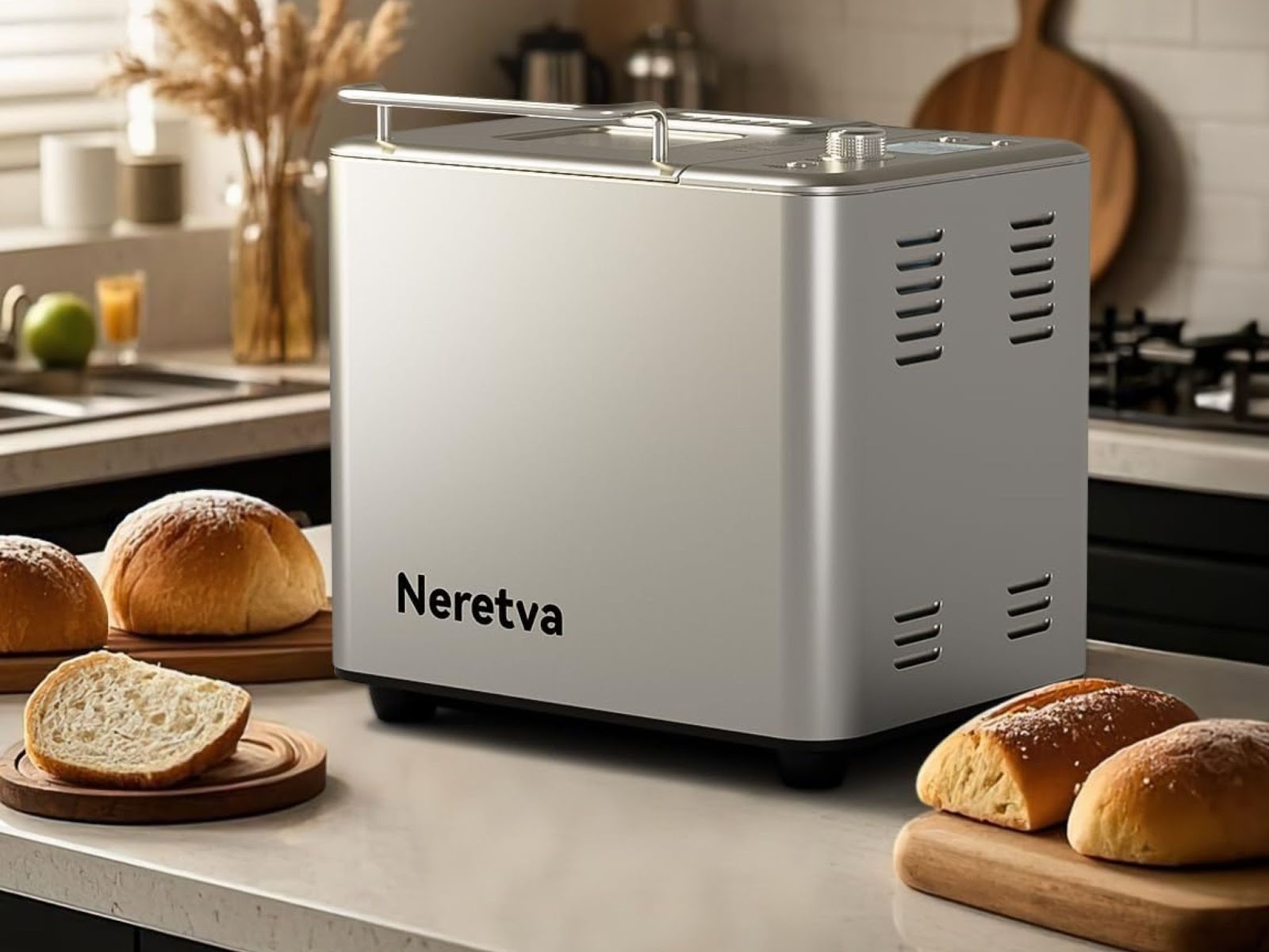 A non-toxic bread machine by Neretva surrounded by freshly baked bread.