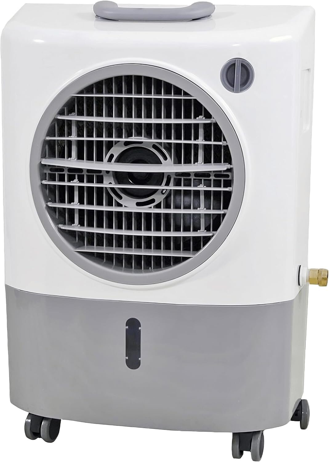 A portable evaporative air cooler fan on wheels, ideal for energy-efficient cooling in dry climates.