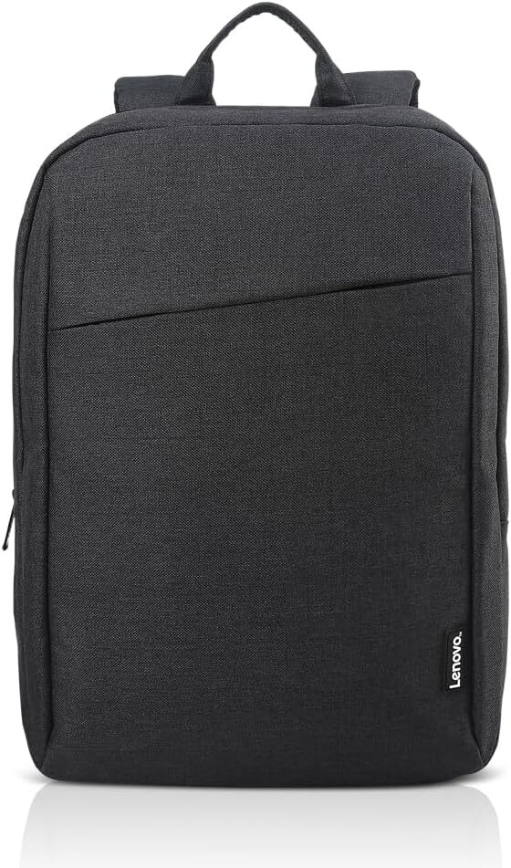 Black Lenovo minimalist backpack made from recycled materials, designed for laptops and daily commuting.
