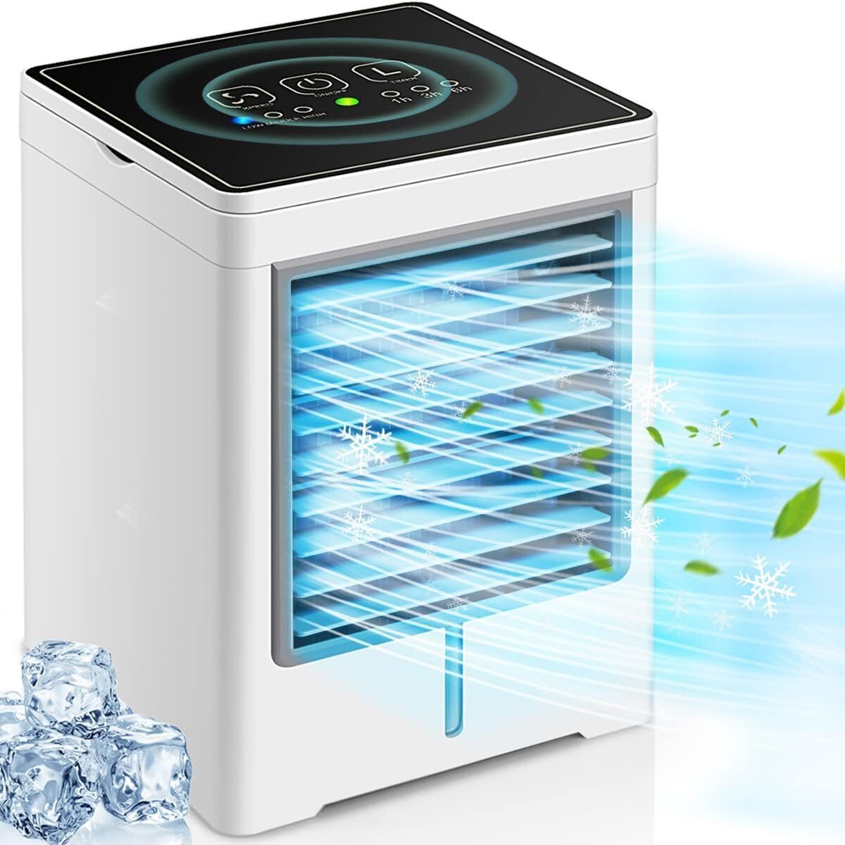Compact personal evaporative air cooler fan with LED touch controls and ice cooling for small spaces.