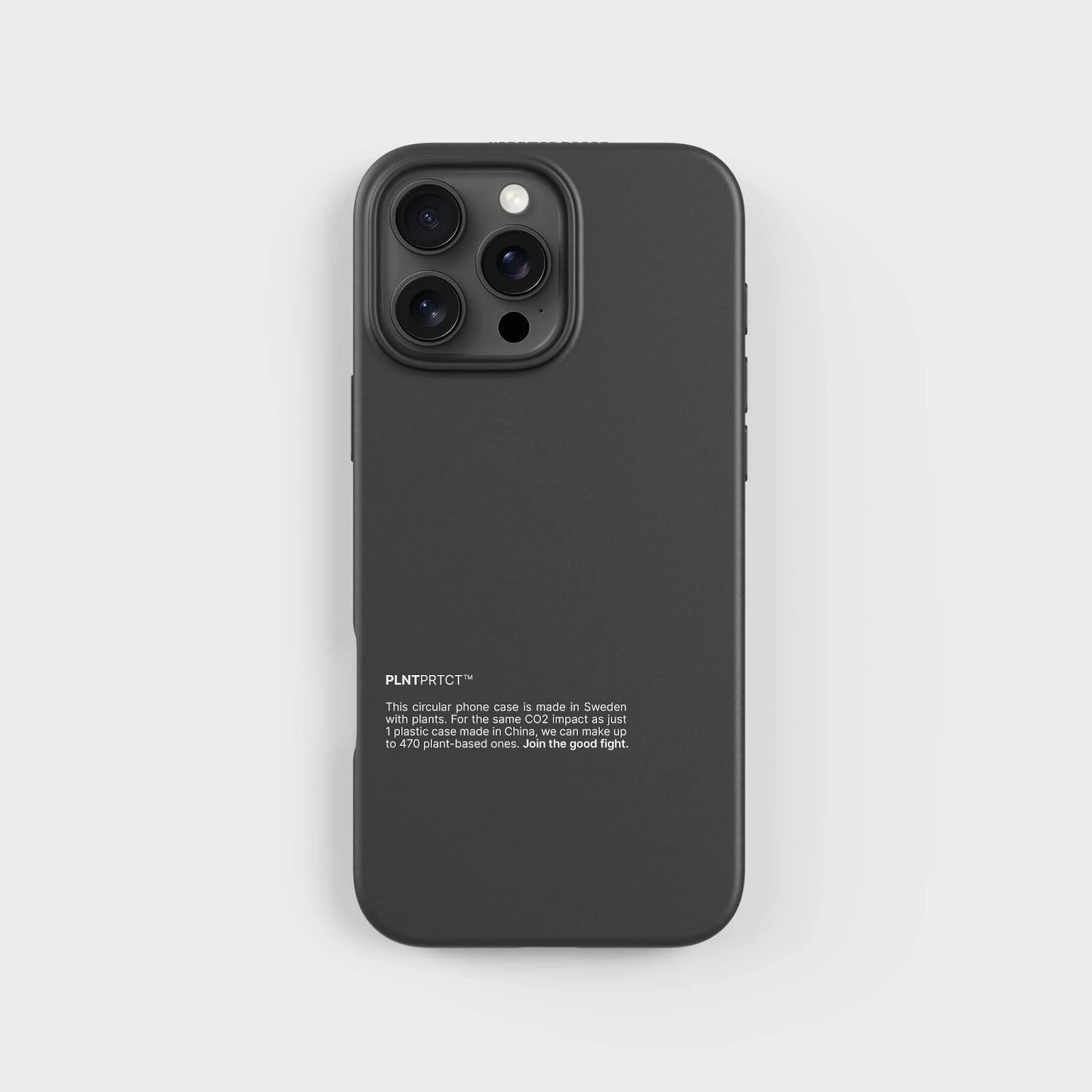 Minimalist black plant-based iPhone case with white text, made sustainably in Sweden