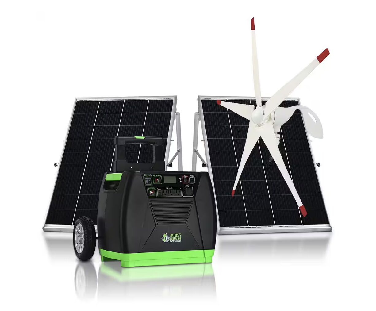 Nature’s Generator ELITE with solar panels and wind turbine for complete home emergency power backup.