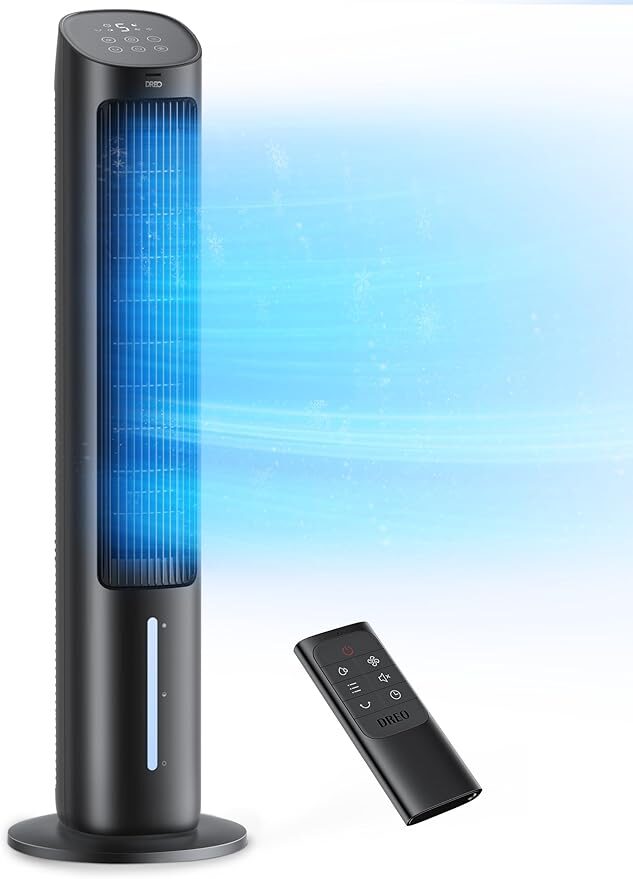 A sleek Dreo evaporative air cooler fan with remote control, perfect for compact and energy-saving cooling.