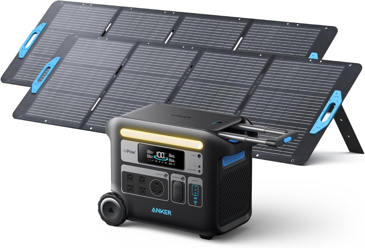 Anker SOLIX solar generator with foldable solar panels, designed for home and emergency backup use.