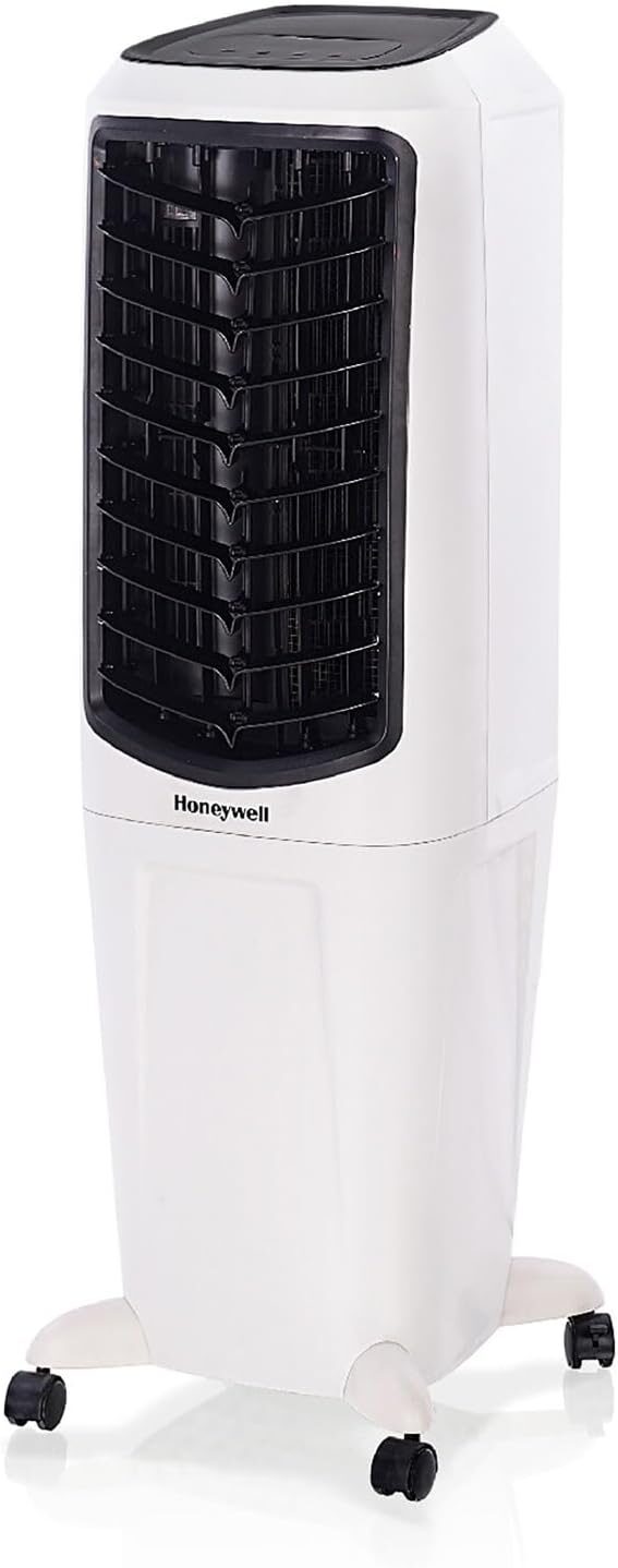 Honeywell portable evaporative air cooler fan with tall, slim design for space-saving room cooling.