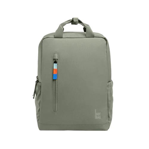 Olive green minimalist backpack from GOTBAG, made from recycled ocean plastic with sleek design.