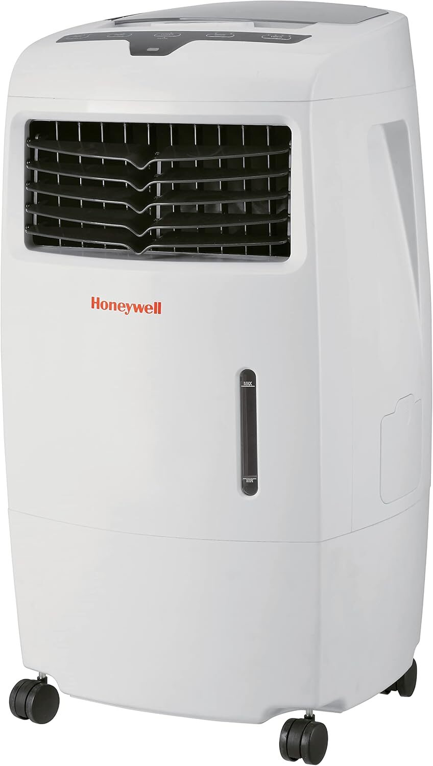 Honeywell evaporative air cooler fan with wheels and large tank, ideal for efficient room cooling.