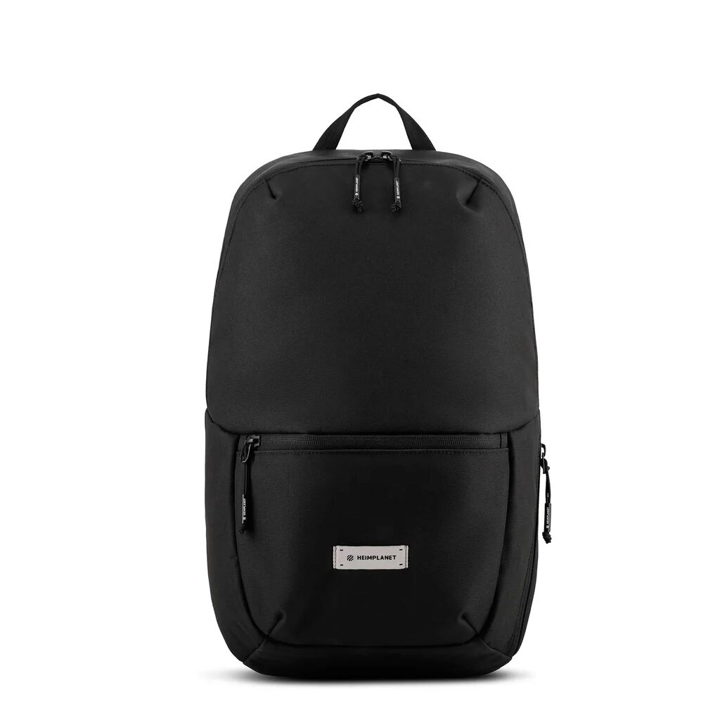 Sleek black minimalist backpack from HEIMPLANET, ideal for eco-conscious travel and daily essentials.