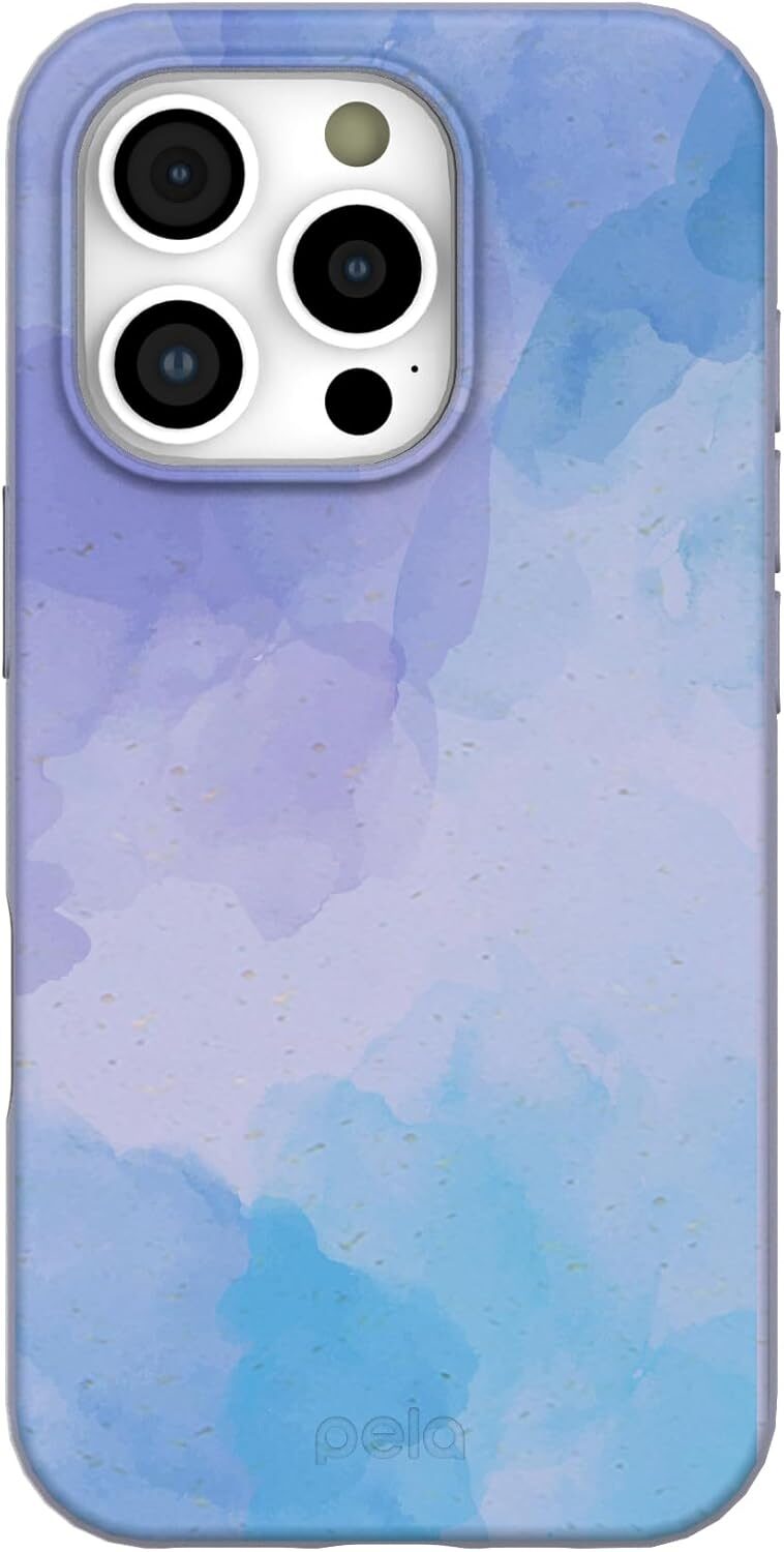 Eco-friendly minimalist iPhone case with soft blue watercolor design and Pela branding.