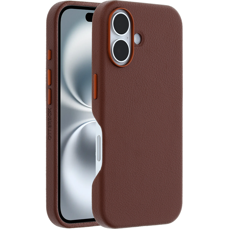 Minimalist iPhone case in brown cactus leather with textured finish and precision-cut camera and button openings.