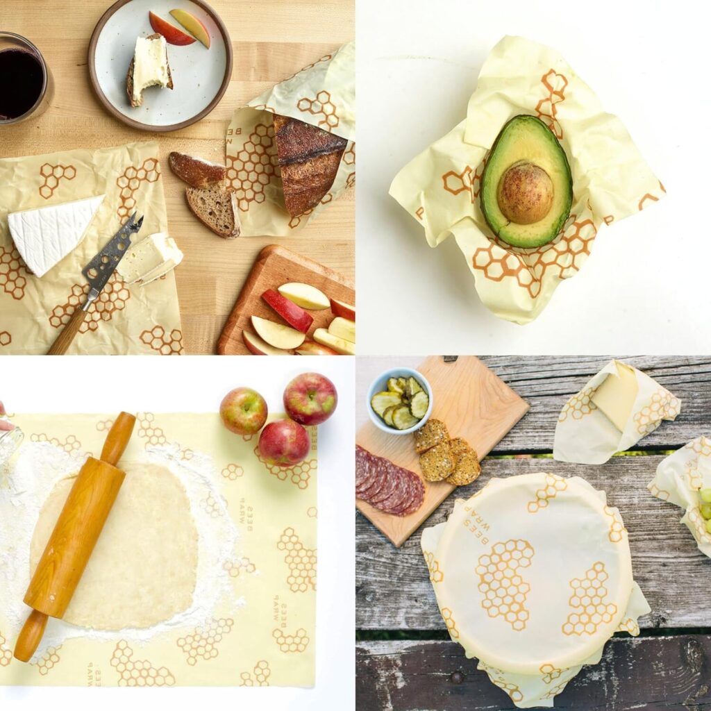Four squares with different examples of how to use beeswax wraps for food.